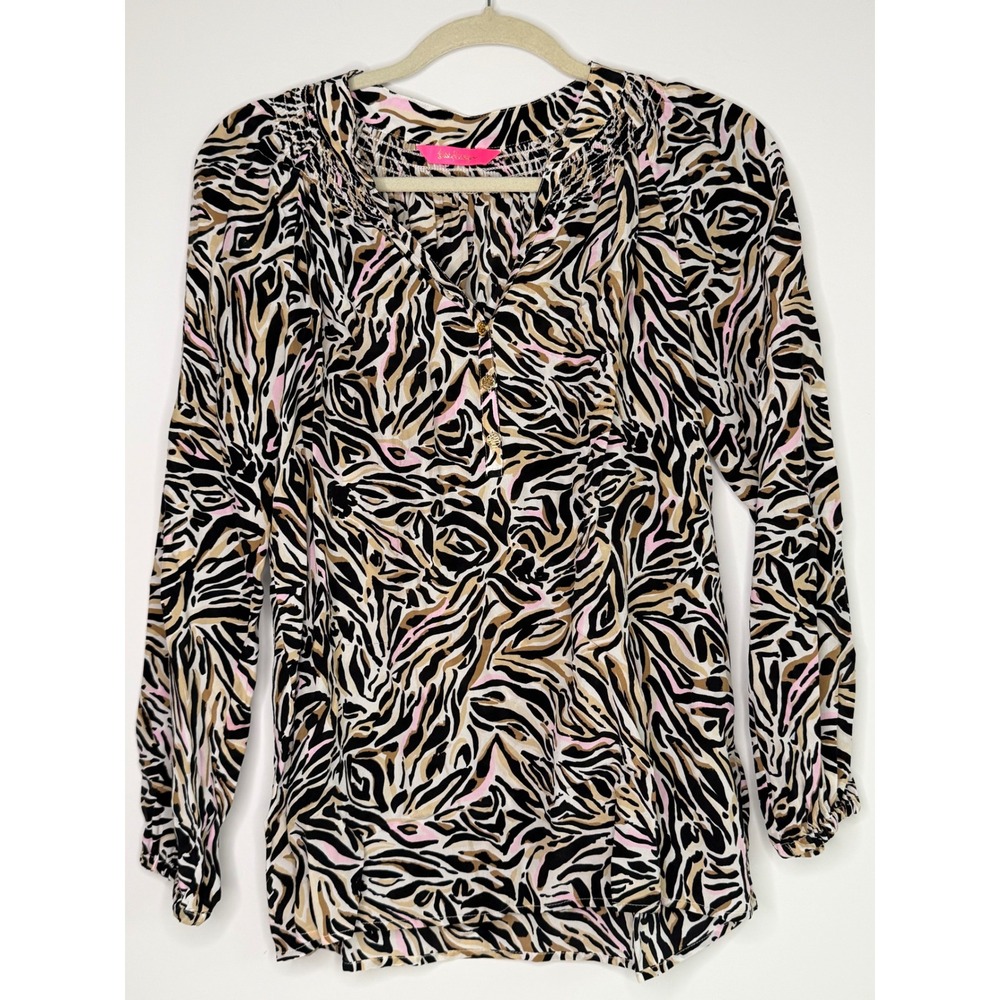Lilly Pulitzer Elsa Blouse 100% Silk Womens M Animal Zebra Print Smocked Resort